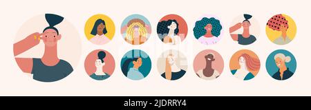 Personnes avatars - Avatars, femmes dépeignent ensemble - moderne vecteur plat concept illustration des femmes, rond utilisateur avatars, visage portraits Illustration sur f Illustration de Vecteur