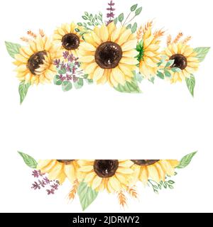 Sunflower Wreath Clipart, Watercolor Meadow Flowers Frame, illustration rustique de bouquet de fleurs sauvages, invitations de mariage, douche de bébé, logo Banque D'Images