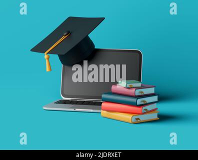 Apprentissage en ligne simple avec des livres, une tasse de remise des diplômes et une illustration du rendu de l'ordinateur portable 3D. Objet isolé en arrière-plan Banque D'Images