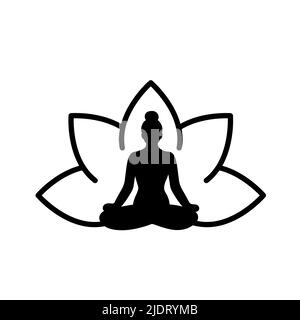 Silhouette de femme à l'intérieur d'une fleur de lotus. Position yoga lotus. Couleur noire. Illustration vectorielle, conception plate Illustration de Vecteur