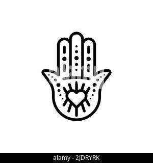 Hamsa icône minimaliste. Forme de coeur. Contour noir. Concept de mal de protection des yeux et de malheurs. Illustration vectorielle, conception plate Illustration de Vecteur