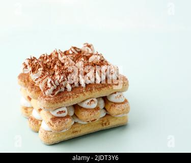 Tiramisu. Dessert italien traditionnel. Mascarpone et café avec biscuits aux ladyfinger, pas de gâteau au four. Gros plan sur un fond pastel vert pâle. Banque D'Images