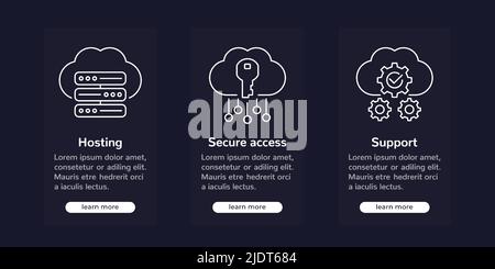 Bannières de solutions d'hébergement avec icônes de ligne Illustration de Vecteur