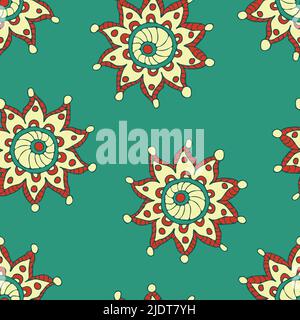 Motif vectoriel sans couture avec étoile de fleur abstraite sur fond bleu sarcelle. Papier peint à motif fleuri style bohémien. Textile de mode mandala dessiné à la main. Illustration de Vecteur