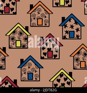 Motif vectoriel sans couture avec maisons arc-en-ciel sur fond rose. Design simple et artistique du fond d'écran de la maison. Textile de mode familial décoratif. Illustration de Vecteur