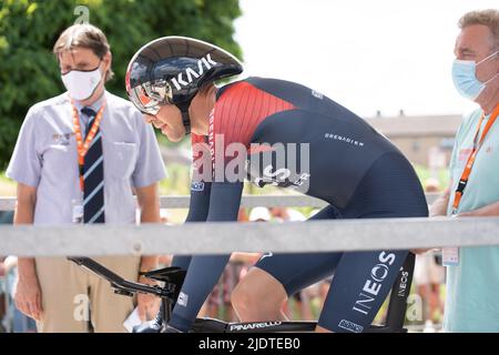 Laurens de plus Belge d'Ineos Grenadiers photographiés en action lors de la course d'élite individuelle de 35km aux championnats belges, à Gavere, le jeudi 23 juin 2022. BELGA PHOTO NOE ZIMMER Banque D'Images