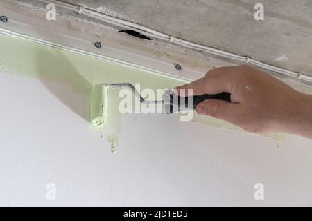 La main d'un homme peint un mur avec un rouleau de peinture. Constructeur peint un mur en vert. Peintre peinture d'un mur avec rouleau de peinture. Réparation par moi-même. Bricolage con Banque D'Images