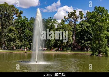 Police. Fontaine d'eau dans un étang dans un parc de Madrid, avec de grands arbres verts en arrière-plan par temps clair en Espagne. Europe. Photographie horizontale. Banque D'Images