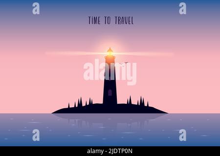 paysage marin de silhouette de phare au beau lever de soleil violet Illustration de Vecteur