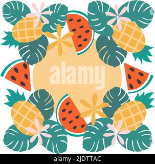 Motif estival avec éléments d'été dessinés à la main dans des couleurs douces tendance telles que la tranche de pastèque, les fleurs, l'ananas, les feuilles exotiques. Copyspase. Modèle pour carte postale, étiquette de prix, bannière. Style de vie Illustration de Vecteur