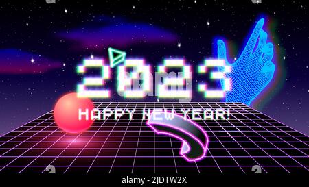 2023 signe du nouvel an avec des pixels brillants et abstrait 90s stylisé composition de 3D formes. Symbole de vacances d'hiver et de changement d'année. Illustration de Vecteur