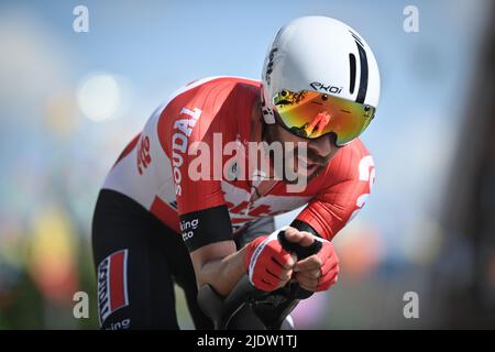 Gavere, Belgique, 23 juin 2022. Thomas de Gendt de Lotto Soudal en action lors de la course de 35km aux championnats belges, à Gavere, le jeudi 23 juin 2022. BELGA PHOTO DAVID STOCKMAN Banque D'Images