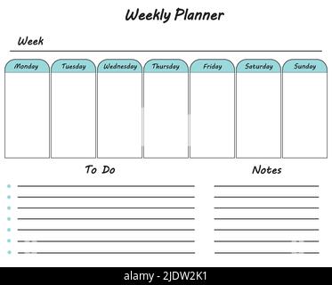 Modèle de planning hebdomadaire liste des tâches et notes vierge graphique blanc Agenda du bureau Illustration de Vecteur