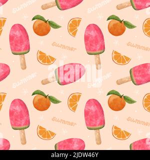 Motif aquarelle avec crème glacée à la pastèque et fruits orange. Gel de la pastèque sur un bâton. Glace de pastèque sur un bâton. Une tranche d'orange.fruit d'été Banque D'Images