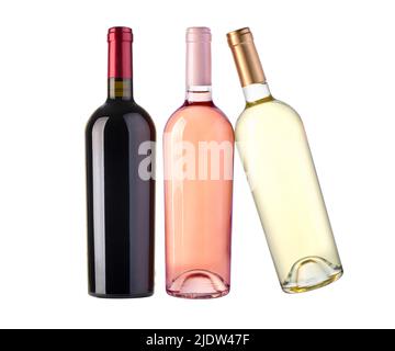 Vue de face bouteilles vierges de vin rouge, rose et blanc isolées sur fond blanc. Banque D'Images