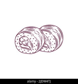 Présentation du rouleau de sushi Tekka maki. Icône de la cuisine traditionnelle japonaise avec filets de thon. Illustration vectorielle isolée de fruits de mer dessinés à la main. Illustration de Vecteur