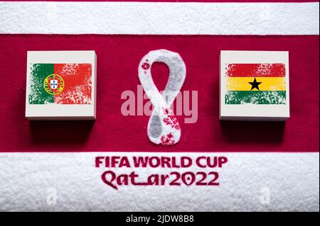 DOHA, QATAR, 3. JUILLET: Groupe H: Portugal vs Ghana, Stade 974, Doha, coupe du monde de la FIFA au Qatar 2022, match de football avec drapeaux nationaux, bannière avec edi Banque D'Images