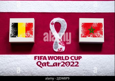 DOHA, QATAR, 3. JUILLET: Groupe F: Belgique contre Maroc, stade Al Thumama, Al Khor, coupe du monde de la FIFA au Qatar 2022, match de football avec drapeaux nationaux, bann Banque D'Images