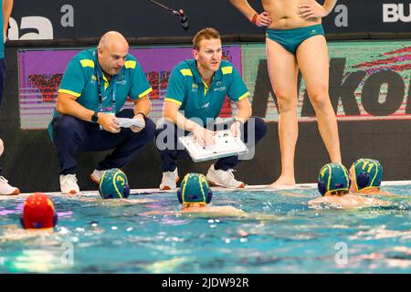 SZEGED, HONGRIE - JUIN 23 : Andrew Yanitsas, entraîneur en chef Tim Hamill d'Australie, Tom McJannet d'Australie, George Ford d'Australie, Luke Pavillard d'Australie, Charlie Negus d'Australie, Chaz Poot d'Australie lors du Championnat du monde de la FINA match de Budapest 2022 entre la Serbie et l'Australie sur 23 juin, 2022 à Szeged, Hongrie (photo d'Albert Ten Hove/Orange Pictures) Banque D'Images