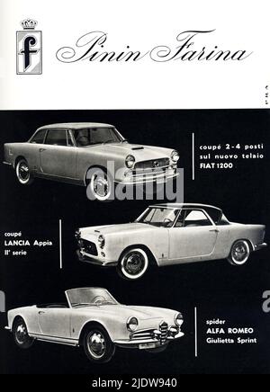 1958 , ITALIE : le designer de voitures PININ FARINA ( né Sergio Farina aka Pininfarina , 1926 - 2012 ) nouveaux modèles , FIAT 1200 coupé ( F.I.A.T. ) , LANCIA Appia coupé et ALFA ROMEO Giulietta Spider - AUTOMOBILI - PUBLICITÉ - tagà - disegnatore - autoveicoli - industria automilistica --- Archivio GBB Banque D'Images