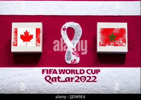 DOHA, QATAR, 3. JUILLET: Groupe F: Canada contre Maroc, stade Al Thumama, Al Khor, coupe du monde de la FIFA au Qatar 2022, match de football avec drapeaux nationaux, banne Banque D'Images