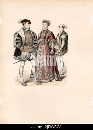 Francis II (1543-1560), Elizabeth (fille d'Henri II) comme mariée (1545-1568), Francis II comme Dauphin - fils le plus ancien du roi, France, 16th siècle, Illustration, l'histoire du costume, Braun & Schneider, Munich, Allemagne, 1861-1880 Banque D'Images