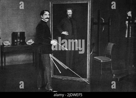 1901 , Paris , France : le peintre marquis ANTONIO DE LA GANDARA ( 1861 - 1917 ) avec le portrait de Paul Escudier dans son studio de la rue Monsieur-le-Prince . Ami de l'écrivain Marcel Proust et célèbre BELLE EPOQUE portraitiste - PITTORE - ARTE - ARTI VISIVE - VISIAL ARTS - marchese - SALON - ritrattista - bachigi - moustache --- Archivio GBB Banque D'Images