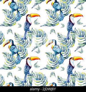 Toucan oiseau tropical et feuilles de palmier aquarelle sans couture motif isolé. Oiseau coloré sur branche peint à la main. Motif oiseau exotique multicolore pour un style fabuleux Banque D'Images