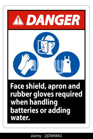 Danger : écran facial, tablier et gants en caoutchouc requis lors de la manipulation des batteries ou de l'ajout d'eau avec les symboles EPI Illustration de Vecteur