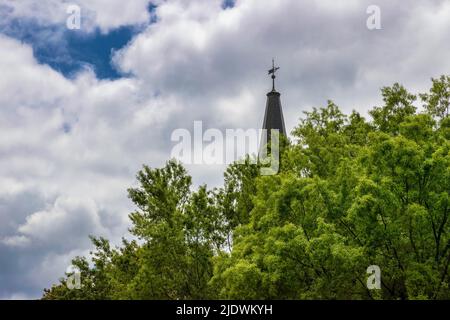 Le sommet du clocher d'un bâtiment s'élève au-dessus du sommet des arbres et dans un ciel nuageux. Banque D'Images