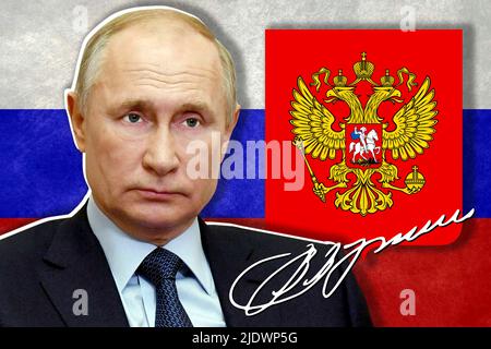 Vladimir Poutine, drapeau de la Russie, armoiries et signature Banque D'Images