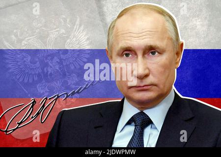 Vladimir Poutine, drapeau de la Russie, armoiries et signature Banque D'Images