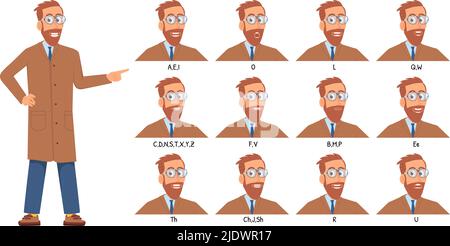 Parlez l'animation. Articulation de la bouche humaine, mouvements des lèvres sur le modèle mâle. Homme visage parler, le personnage d'affaires parlant anglais prononcer des lettres, décent Illustration de Vecteur