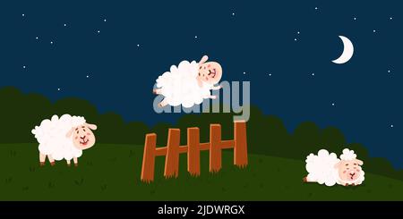 Compter les moutons pour dormir. Des moutons la nuit sautent sur la clôture. Animal de laine de sommeil, traitement de l'insomnie. Bande dessinée pré au lit, somnolent vecteur de classe Illustration de Vecteur