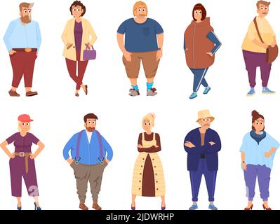 Des personnes de taille plus. Chubby hommes et femmes, les personnages de groupe gras portent des vêtements décontractés. Heureux plump humain, corps positif décent vecteur ensemble de dessin animé Illustration de Vecteur