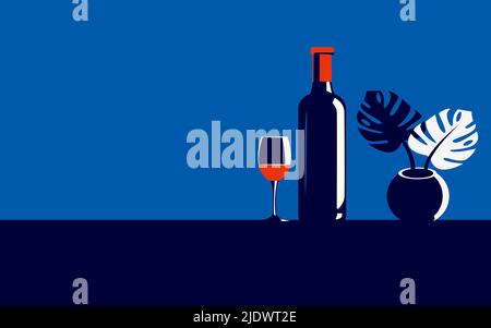 Illustration vectorielle d'une bouteille de vin et d'un verre de vin rouge à côté dans des couleurs tendance dans un style minimaliste Illustration de Vecteur