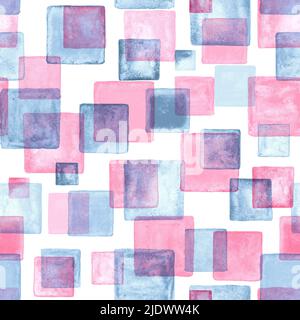 Arrière-plan sans couture d'art contemporain. Formes géométriques carrées de grunge abstraites. Aquarelle à la main bleu et rose carrés texture. Watercolou Banque D'Images