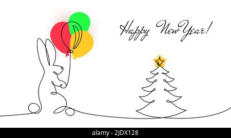 2023 année de lapin heureux chinois symbole du nouvel an zodiaque carte de vœux festive illustration vectorielle isolé fond blanc une ligne contour silhouet Illustration de Vecteur
