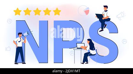 NPS Net Promoter score Stratégie d'entreprise Formule promotion marketing score compensation promotionnelle travail en équipe Illustration vectorielle plate mesures client e Illustration de Vecteur