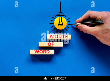 Symbole du bouche à oreille. Mots-clés Mot de bouche sur des blocs de bois sur un magnifique fond bleu de table. Main d'homme d'affaires. Affaires, finacial et Banque D'Images