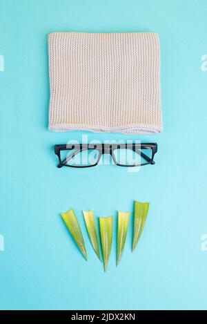 Visage humain d'un homme fait avec un chapeau de laine, des lunettes et des feuilles comme une barbe, portrait minimaliste drôle, mode de vie éco-freak, nerd Banque D'Images