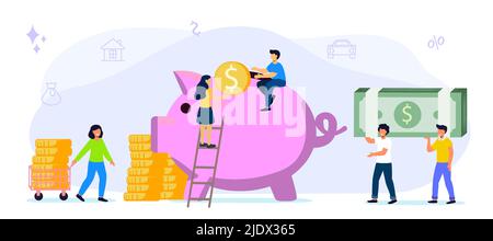 Grande banque de piggy sur un fond blanc avec de l'argent les hommes d'affaires qui paissent ou économiser de l'argent le vecteur de financement des illustrations plates concept l'accumulation de mon Illustration de Vecteur