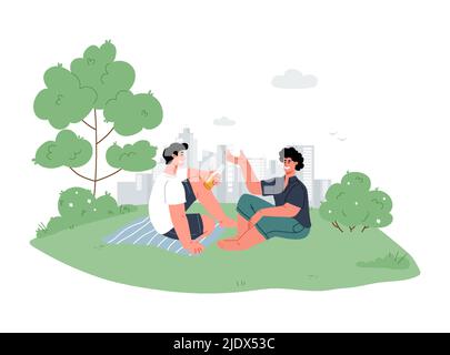 Groupe de jeunes faire pique-nique dans le parc de la ville.CityScape en arrière-plan.Vector Illustration de Vecteur