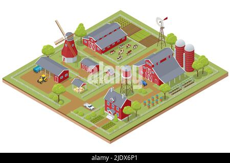 Les bâtiments agricoles isométriques, la grange du moulin à vent et le silo abritent les lits de potager et le tracteur. Traction, poussée de machines agricoles, remorques Illustration de Vecteur