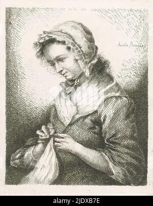 Portrait de l'épouse de l'artiste Georg Friedrich Schmidt, couture, Portrait de Dorothea Louise Schmidt, née Viedebandt, épouse de l'artiste Georg Friedrich Schmidt. Elle porte un chapeau de dentelle et est orientée vers la gauche., imprimeur: Amalie Baader, (mentionné sur l'objet), après impression par: Georg Friedrich Schmidt, imprimeur: Allemagne, après impression par: Berlin, 1773 - c. 1840, papier, gravure, hauteur 128 mm × largeur 102 mm Banque D'Images