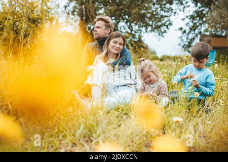 Parents avec enfants en week-end dans la prairie Banque D'Images