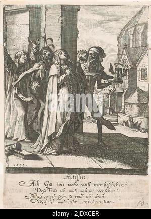 Abbesse et mort, Abbissin (titre sur objet), la danse de la mort (titre de la série), une abbesse sort d'un bâtiment, rosaire entre les mains. À côté de sa mort comme squelette, tenant le sablier ailé. Derrière elle un second squelette et une nonne avec des bras relevés., imprimeur: Rudolph Meyer, imprimeur: Conrad Meyer, après la conception par: Rudolph Meyer, 1650, papier, gravure, hauteur 129 mm × largeur 90 mm Banque D'Images