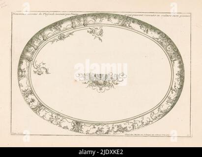 Plafond ovale, nouveaux dessinés de Plafonds inventés par Pineau et qui peuvent s'exécutant en sculpture ou en peinture (titre de la série sur objet), Design pour un plafond ovale avec bordure d'arabesques et de putti., imprimeuse: Anonyme, après conception par: Nicolas Pineau, (mentionné sur objet), éditeur: Pierre Jean Mariette, (mentionné sur l'objet), Paris, 1725 - 1735, papier, gravure, hauteur 237 mm × largeur 345 mm Banque D'Images