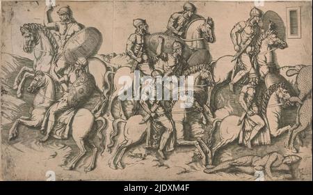 Scène des guerres daciennes, scène des guerres daciennes avec des soldats à cheval. Après le bas-relief sur la colonne de Trajan à Rome., imprimerie: Antonio Fantuzzi, (cercle de), Fontainebleau, 1537 - 1550, papier, gravure, hauteur 260 mm × largeur 453 mm Banque D'Images