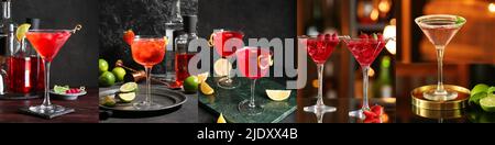 Ensemble de cocktails cosmopolites classiques dans des verres sur fond sombre Banque D'Images